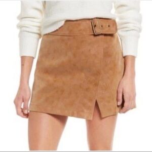 Free People Ari Wrap Skirt Womens 8 Camel Tan Mini Belted Faux Suede Front Slit